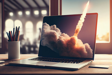 rocket blasting off from laptop screen with smoke trail in modern office setting, created with generative aiの素材