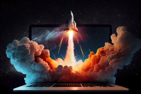 rocket blasting off from laptop screen, with starry night sky in the background, created with generative aiの素材