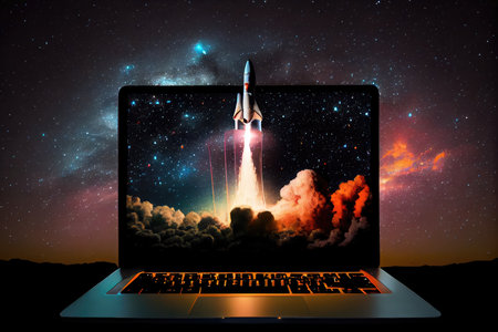 rocket launches from laptop screen into the night sky, with starry background, created with generative aiの素材