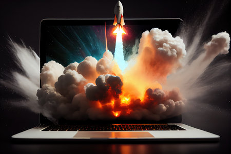 close-up of rocket blasting off from laptop screen, with smoke and fire visible, created with generative aiの素材