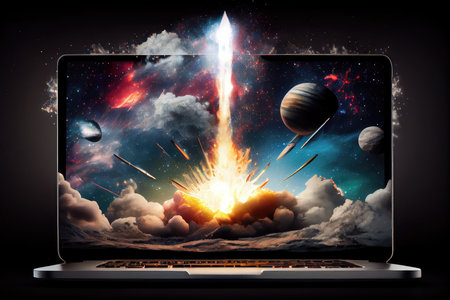 rocket blasts out of laptop screen, with view of stars and galaxies in the background, created with generative aiの素材