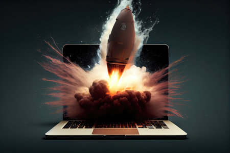 rocket bursting out of laptop screen, with shockwave and smoke filling the surrounding area, created with generative aiの素材