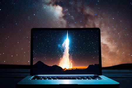 a rocket, with a view of the stars, shining out of a laptop screen, created with generative aiの素材