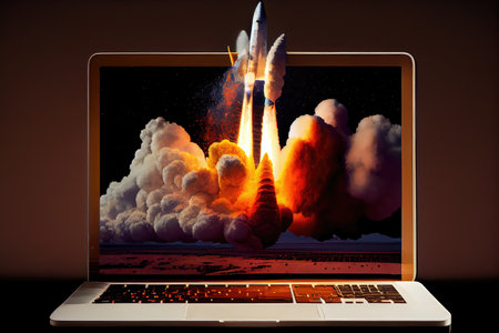 a rocket blasting off, with its engines firing, from the screen of a laptop computer, created with generative aiの素材