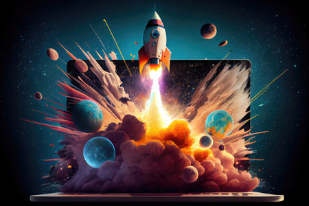 rocket blasting out of laptop, with stars and planets in the background, created with generative aiの素材