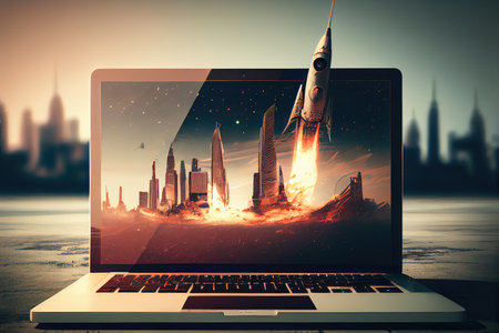rocket launching out of laptop screen against futuristic cityscape, created with generative aiの素材