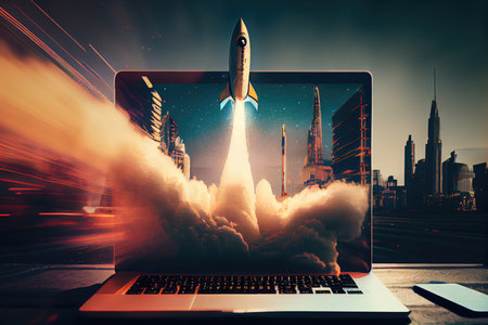 rocket launching out of laptop screen against futuristic cityscape, created with generative aiの素材