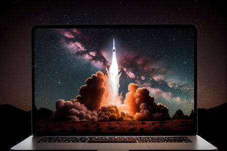 laptop screen with rocket blasting off into the night sky in peaceful and serene setting, created with generative aiの素材