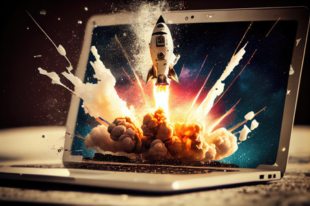 close-up of rocket bursting out of laptop screen, with stars in the background, created with generative aiの素材