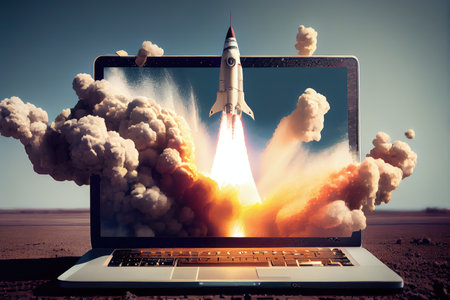 close-up of laptop screen, with rocket blasting off into the sky, created with generative aiの素材