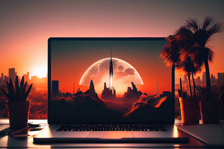 rocket flying out of laptop screen, with city in the background and sunset, created with generative aiの素材