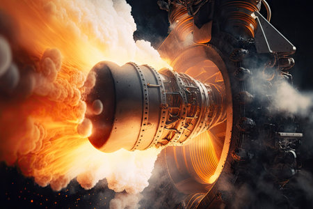close-up of rocket engine firing, with flames and smoke visible, created with generative aiの素材