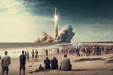 rocket launch from crowded beach, with people gathered to watch the spectacle, created with generative aiの素材