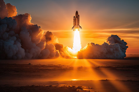 rocket launch at sunrise, with the sun peeking over the horizon, created with generative aiの素材