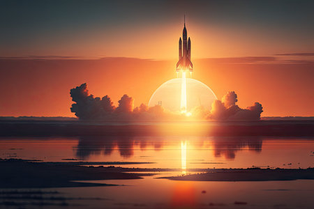 rocket launch at sunrise, with the sun peeking over the horizon, created with generative aiの素材