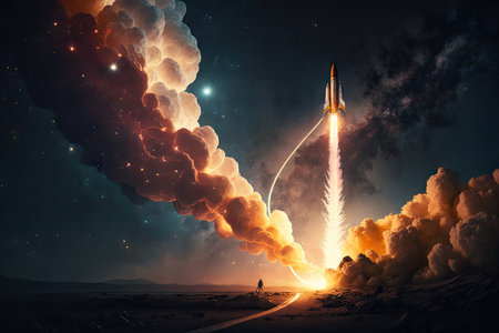 rocket launch, with fiery trail and smoke, against starry night sky, created with generative aiの素材
