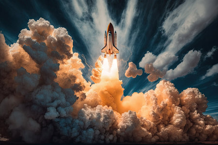 rocket launch, with cloud of smoke and fire visible, against the backdrop of blue sky, created with generative aiの素材