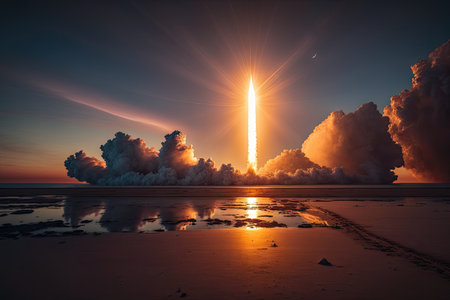 rocket launch at sunrise, with the sun peeking over the horizon, created with generative aiの素材
