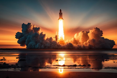 rocket launch at sunrise, with the sun peeking over the horizon, created with generative aiの素材