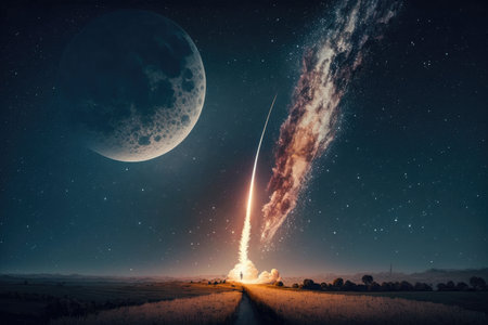 rocket launch with view of the moon, against a starry night sky, created with generative aiの素材