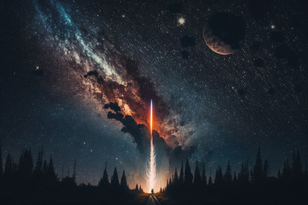 rocket launch against starry night sky, with the stars shining bright, created with generative aiの素材