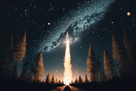 rocket launch against starry night sky, with the stars shining bright, created with generative aiの素材