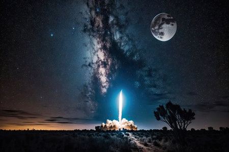 rocket launch in the dead of night, with starry sky and silhouetted moon visible, created with generative aiの素材