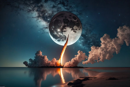 rocket launch, with stunning view of the moon in the night sky, created with generative aiの素材