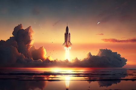 rocket launch, with dramatic sunrise in the background, created with generative aiの素材