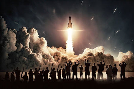 crowd of onlookers, cheering and waving as rocket launches into the sky, created with generative aiの素材