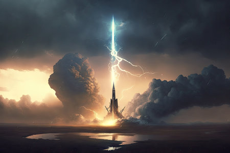 rocket launch in stormy sky, with lightning bolts flashing, created with generative aiの素材