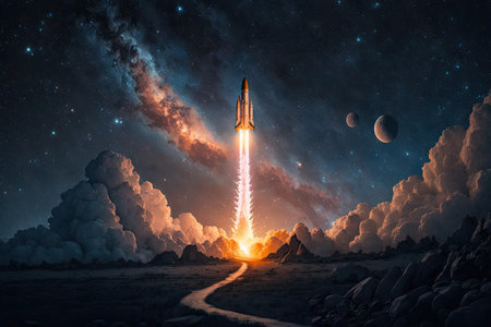 rocket launch, with view of the stars and galaxies in the night sky, created with generative aiの素材