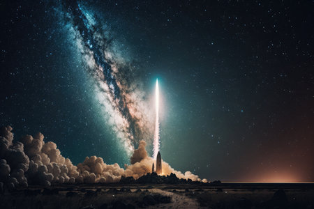 rocket launch, with view of the stars and galaxies in the night sky, created with generative aiの素材