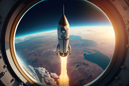 rocket launch, with view of the earth from space on the exterior of capsule, created with generative aiの素材