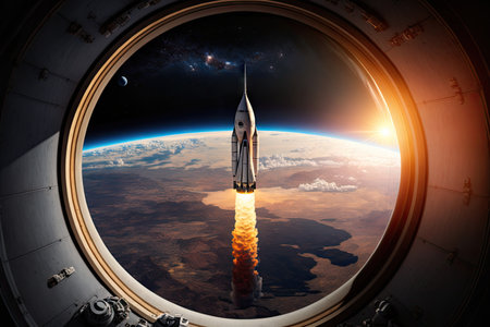rocket launch, with view of the earth from space on the exterior of capsule, created with generative aiの素材