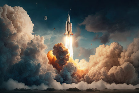 rocket launch, with satellite payload visible in the clouds of smoke and fire, created with generative aiの素材