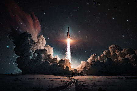rocket launch against star-filled night sky, with stars visible, created with generative aiの素材