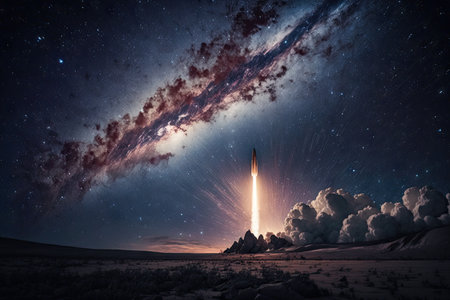 rocket launch against star-filled night sky, with stars visible, created with generative aiの素材