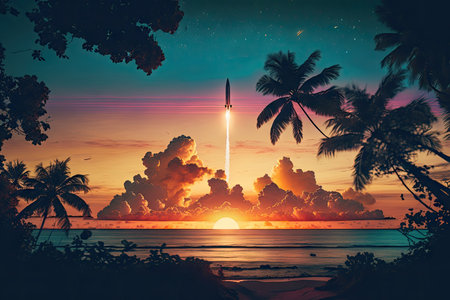 rocket launch into view of beautiful sunset, with tropical sky and ocean in the background, created with generative aiの素材