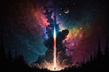 rocket launch, with view of the night sky and stars, created with generative aiの素材