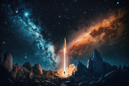 rocket launch, with view of the stars and galaxies in the night sky, created with generative aiの素材