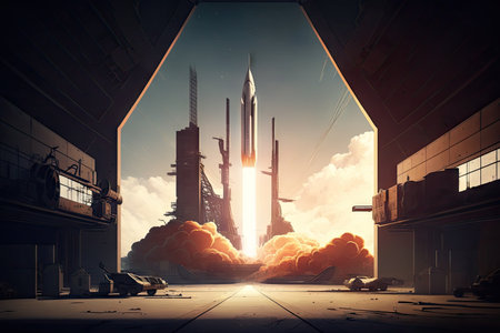 rocket launch, with view of the launchpad and surrounding buildings in the background, created with generative aiの素材