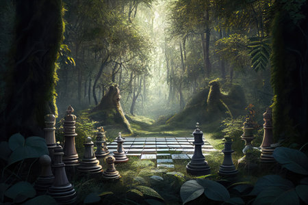 chess board in a dense, overgrown forest with towering trees and lush greenery, created with generative aiの素材