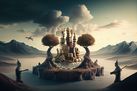 surreal chess match, with the players floating above a surreal landscape, created with generative aiの素材