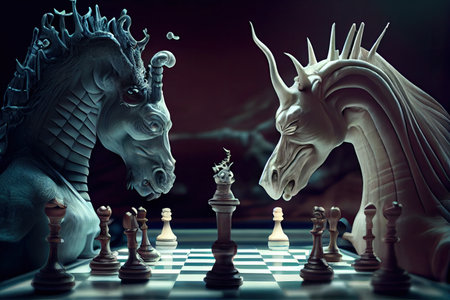 surreal chess match between two mythical creatures, created with generative aiの素材