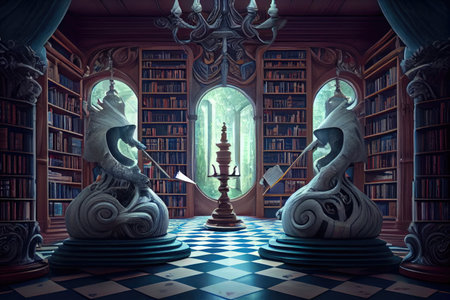 a surreal chess match in a library, with bookshelves and scrolls visible on the background, created with generative aiの素材