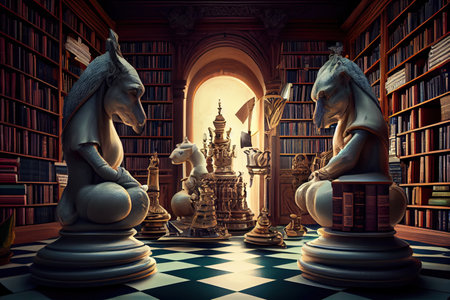 a surreal chess match in a library, with bookshelves and scrolls visible on the background, created with generative aiの素材