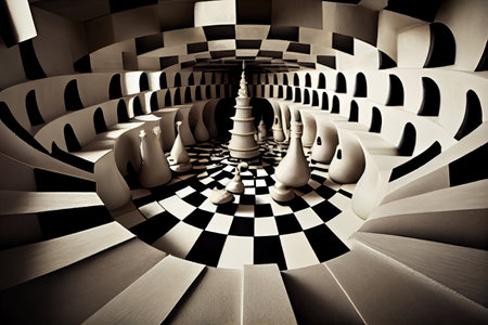 surreal chess match in a maze of twisty passages, created with generative aiの素材