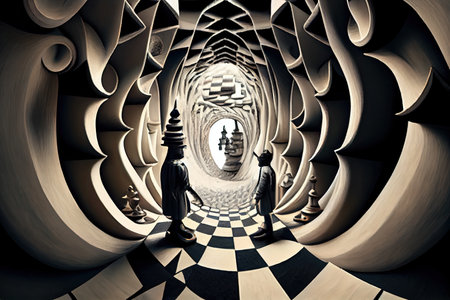 surreal chess match in a maze of twisty passages, created with generative aiの素材