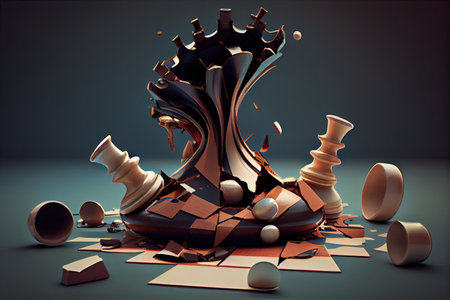 surreal chess game, with broken and scattered pieces on the board, created with generative aiの素材